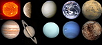 Bolygórendszer. (Nap, Merkúr, Vénusz, Föld, Mars, Jupiter, Szaturnusz, Uránusz, Neptunusz, Plútó)