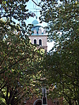Templomtorony, megbújva a fák között.